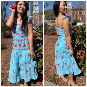 Ultramarine Embroidered Tiered Turquoise Pink Red Dress, M